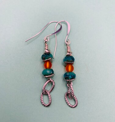 Turquoise Aqua and Orange Dangle Earrings, Fire Polished Aqua and Beach Glass Orange Earrings, Matte Orange and Turquoise Aqua Earrings - image3